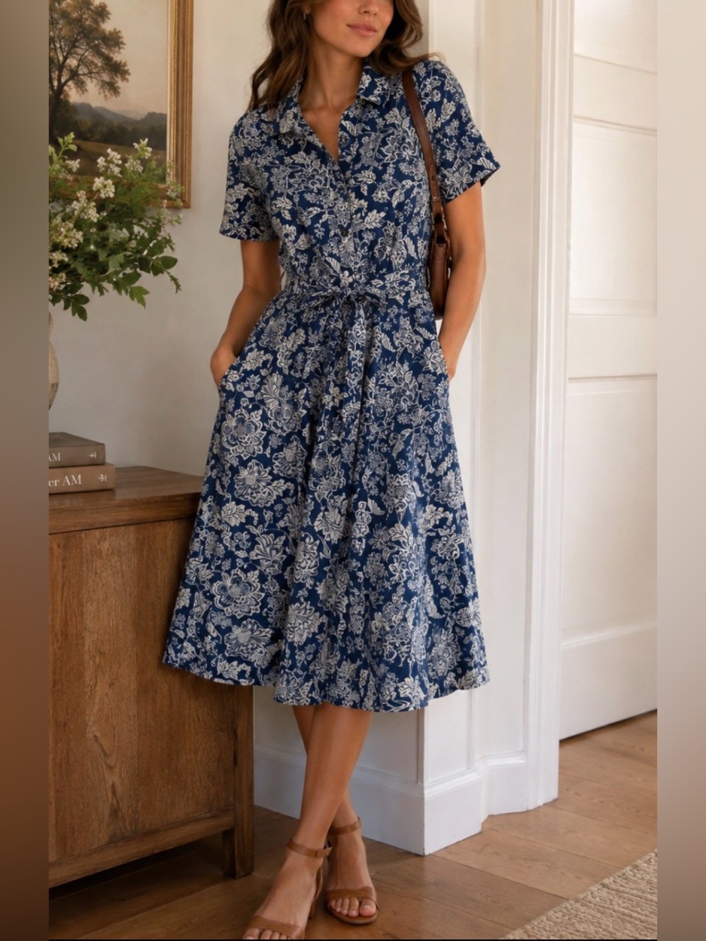 Simons x Liberty Fabric Floral Shirt Dress Medium Blue White Cotton Cottagecore
